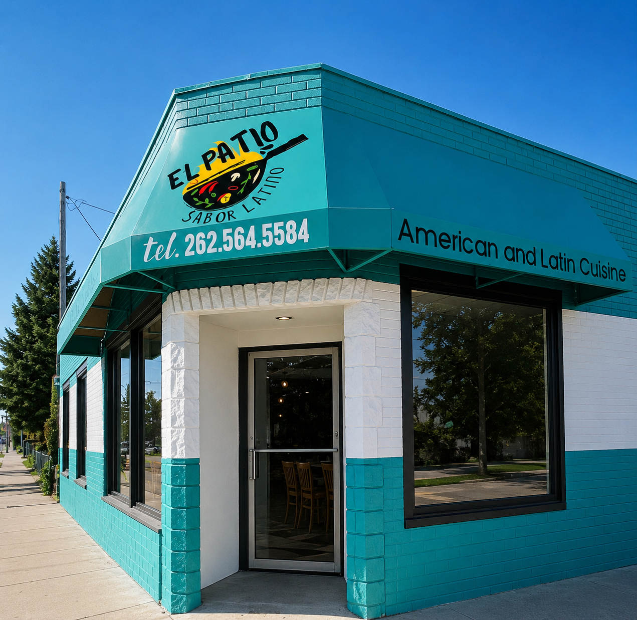El Patio Restaurant exterior in Kenosha, Wisconsin, with its turquoise awning and welcoming entrance